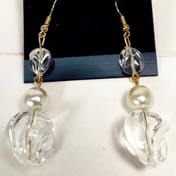Clear Twisted Bead Drop Earrings w/ Off-white Accent Modern Statement Dangle - Picture 4 of 9